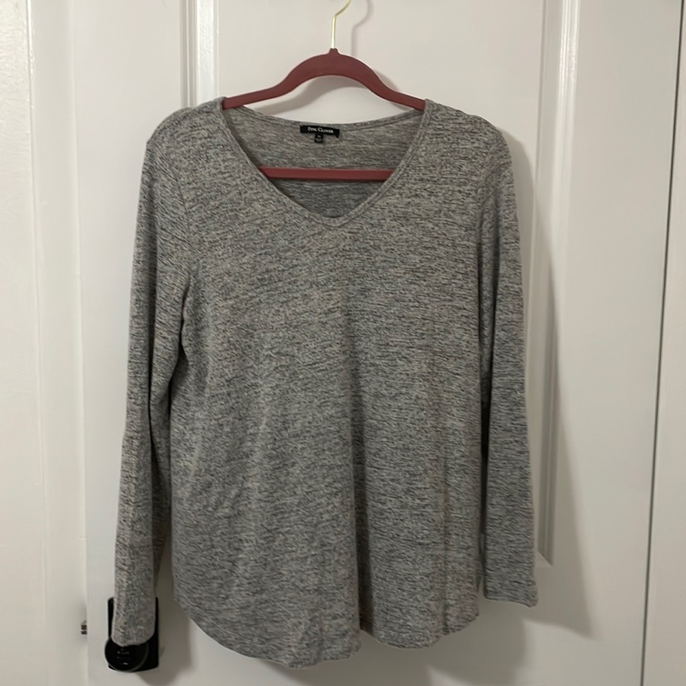 Pink Clover grey top with brown suede elbow patch and button down back. Size: M.